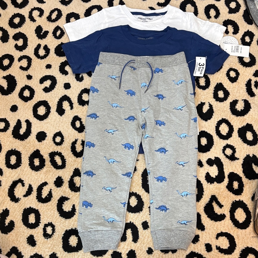BNWT- Free Planet Gray Joggers with Blue Dinosaur Pattern